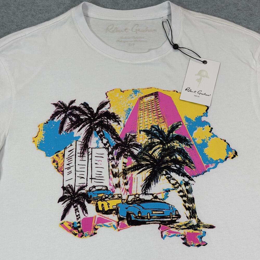 Robert Graham Tropical City Graphic T-Shirt Mens Small S White Short Sleeve NWT